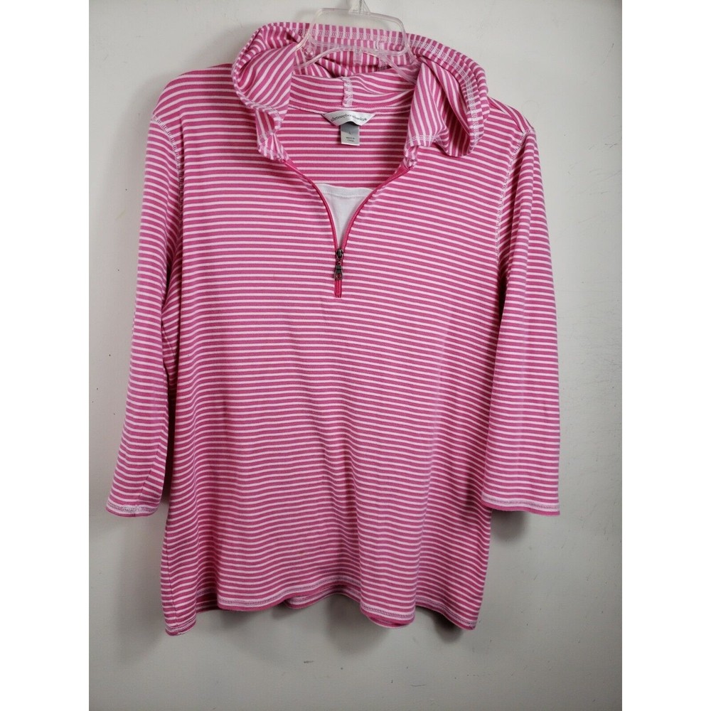 CJ Banks Womens Top Lg Hoodie 3/4 Sleeve  Pink White Stripe Casual Pullover